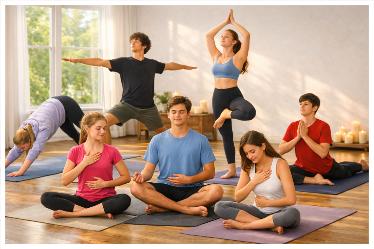 Gruppentraining in einem Yoga-Kurs mit Teilnehmern in verschiedenen Posen.