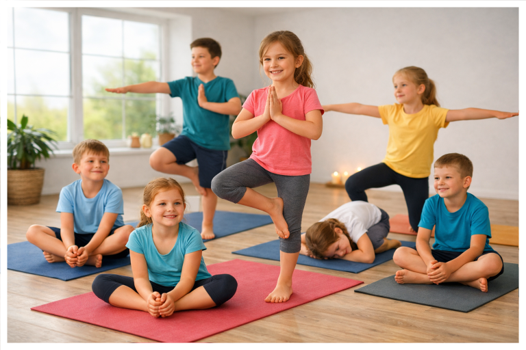Gruppentraining in einem Yoga-Kurs mit Teilnehmern in verschiedenen Posen.