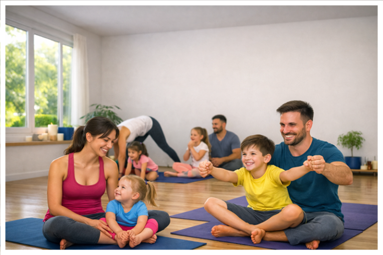 Gruppentraining in einem Yoga-Kurs mit Teilnehmern in verschiedenen Posen.